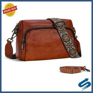 Genuine Leather Crossbody Bag with Zippered Pockets & Interchangeable Straps